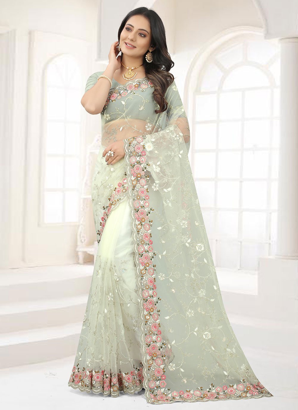 Classic Net Green Embroidered Saree