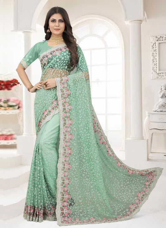 Classic Net Green Embroidered Saree