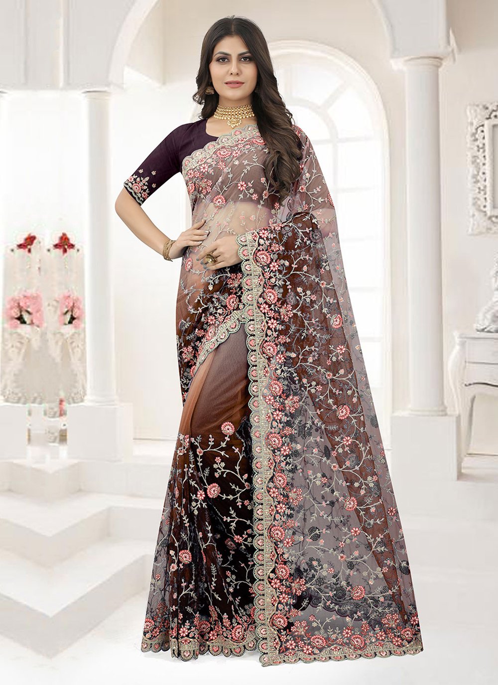 Classic Net Multi Colour Embroidered Saree