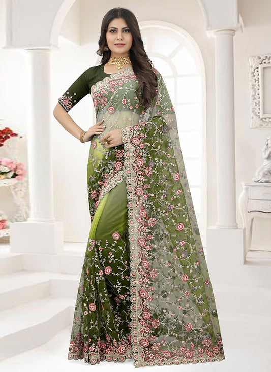 Classic Net Multi Colour Embroidered Saree