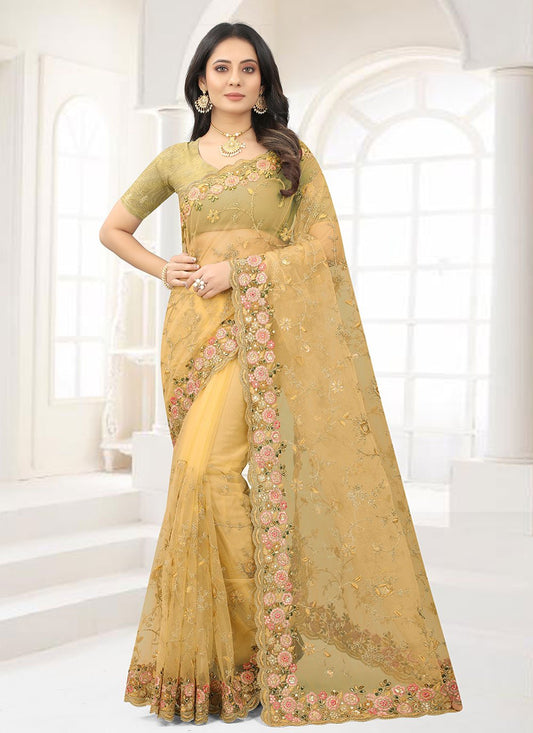 Classic Net Mustard Embroidered Saree