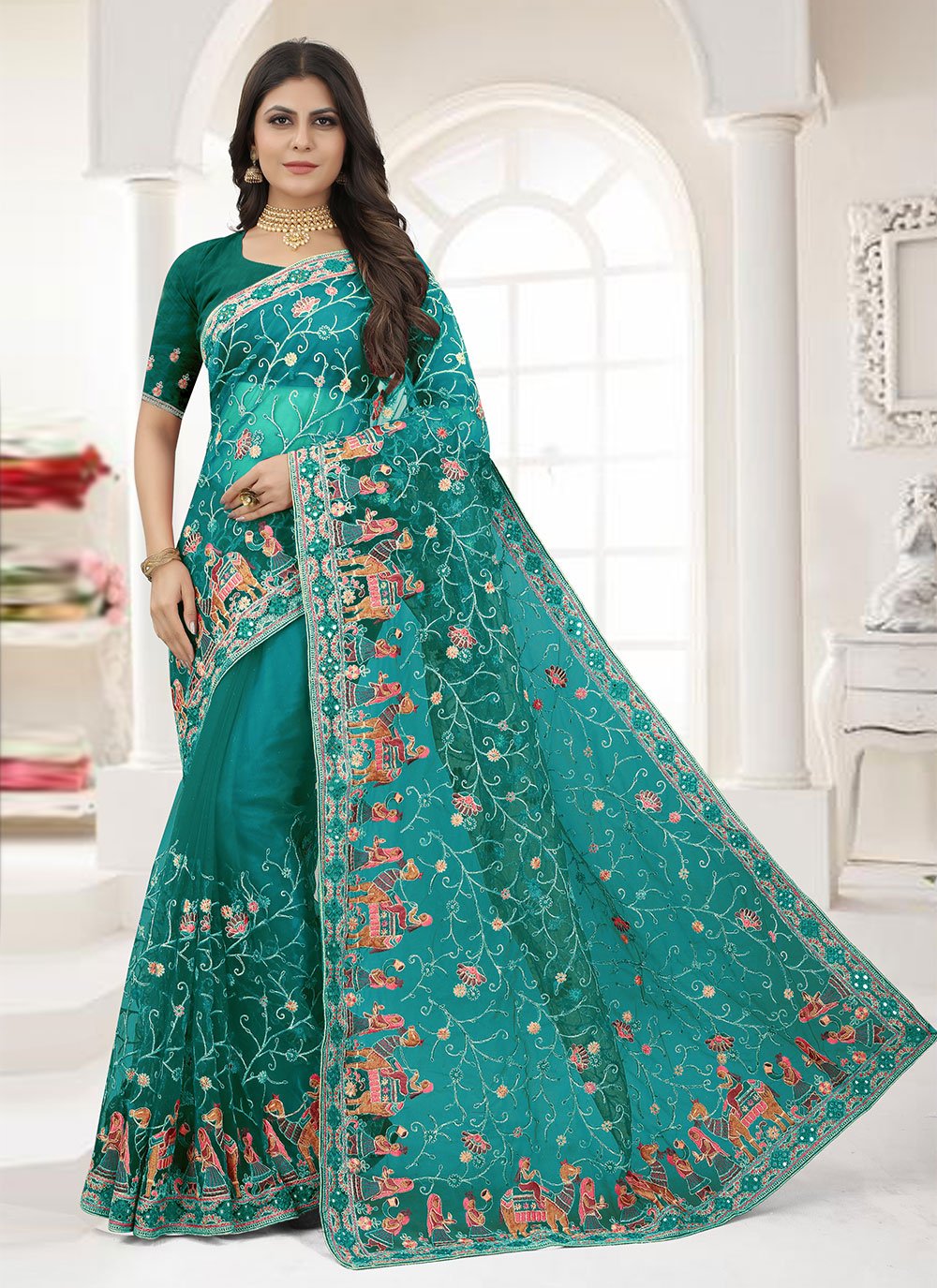 Contemporary Net Sea Green Embroidered Saree