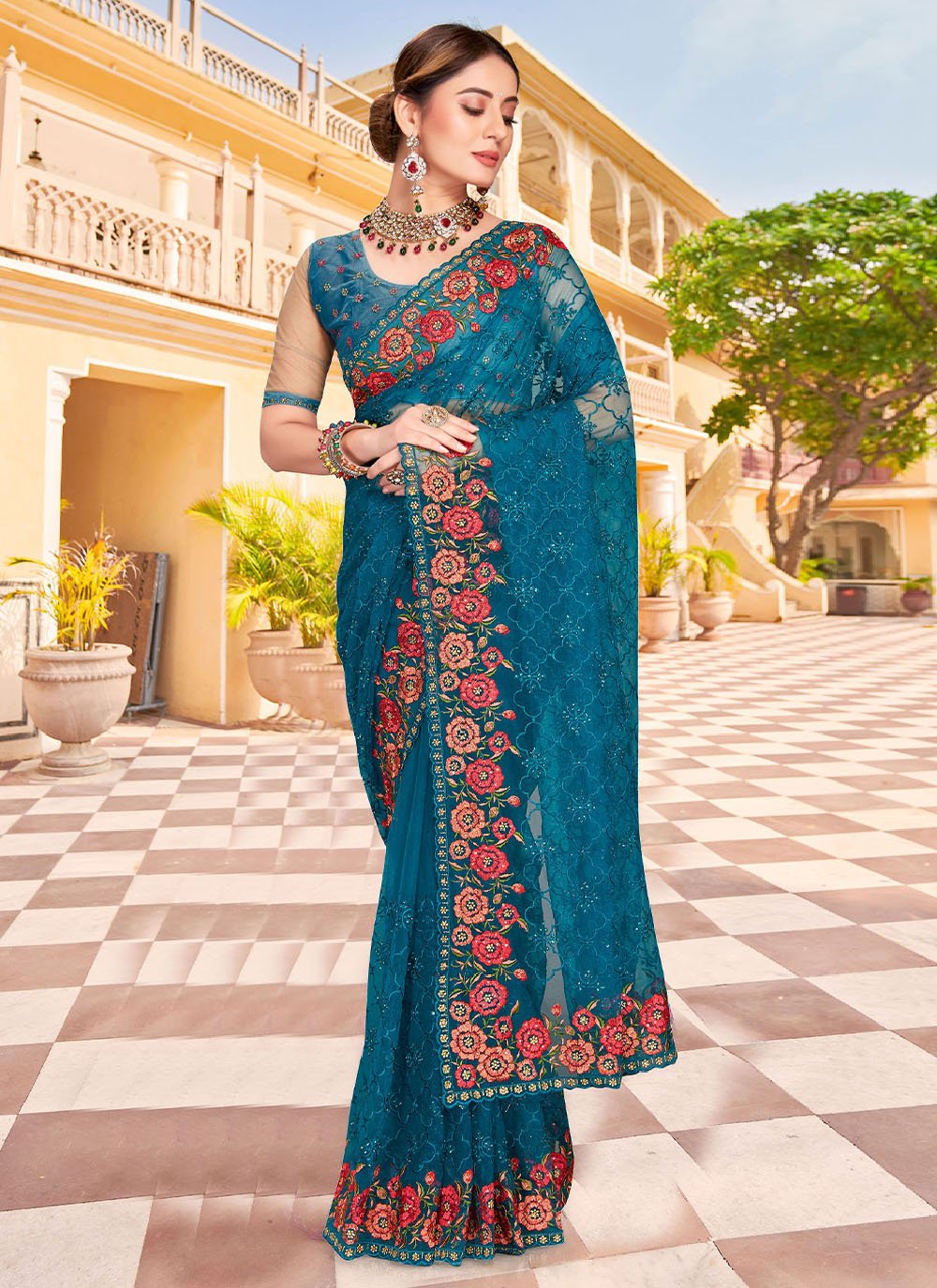 Contemporary Net Morpeach Embroidered Saree