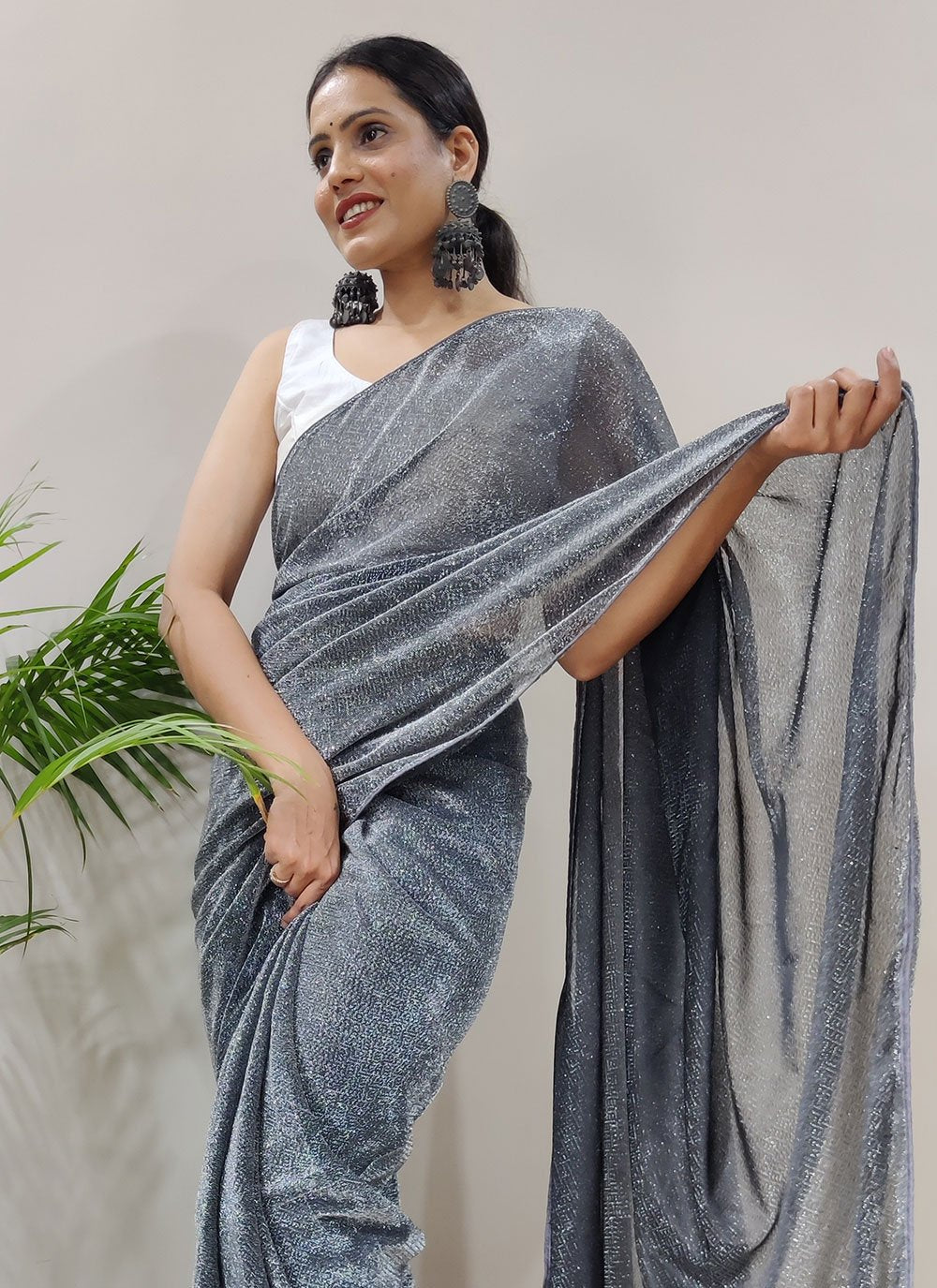 Contemporary Net Grey Fancy Work Saree