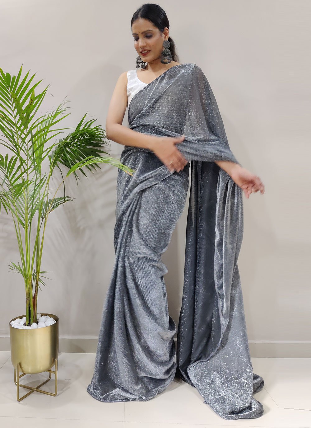 Contemporary Net Grey Fancy Work Saree