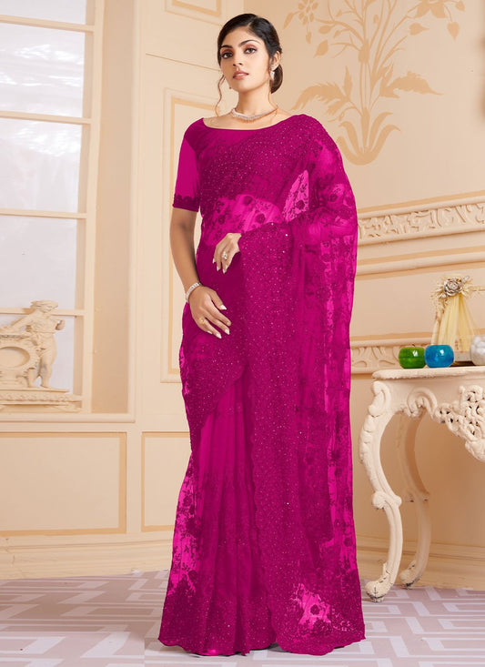 Contemporary Net Rani Embroidered Saree