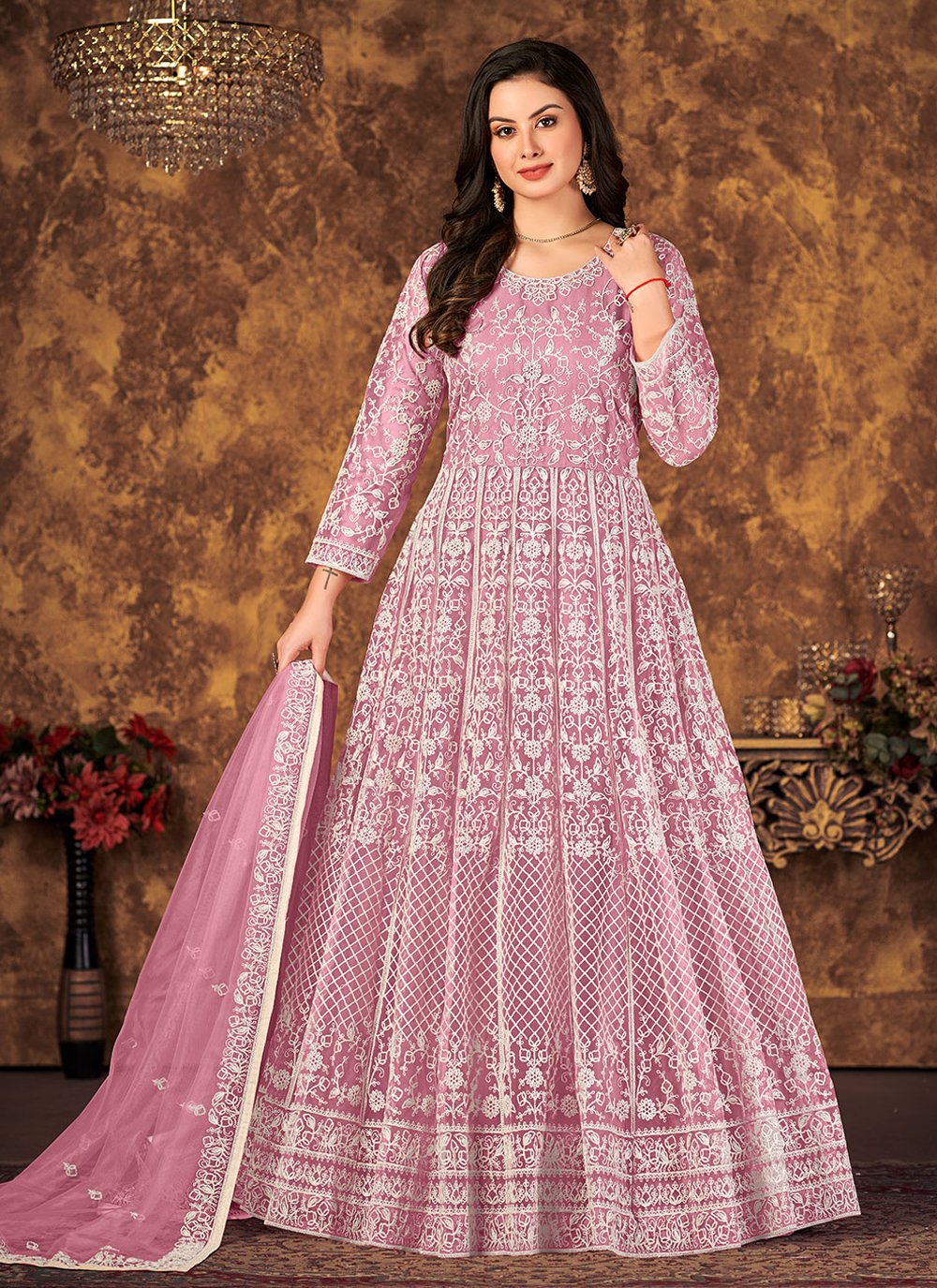 Salwar Suit Net Pink Cord Work Salwar Kameez