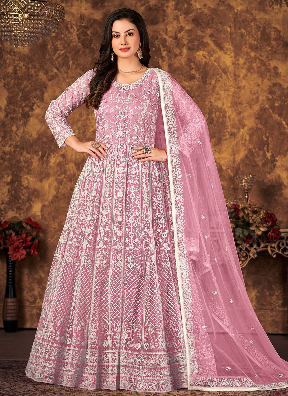 Salwar Suit Net Pink Cord Work Salwar Kameez