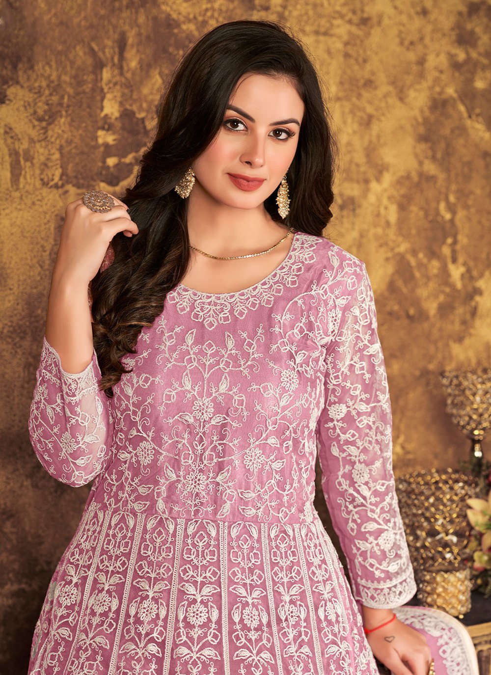 Salwar Suit Net Pink Cord Work Salwar Kameez