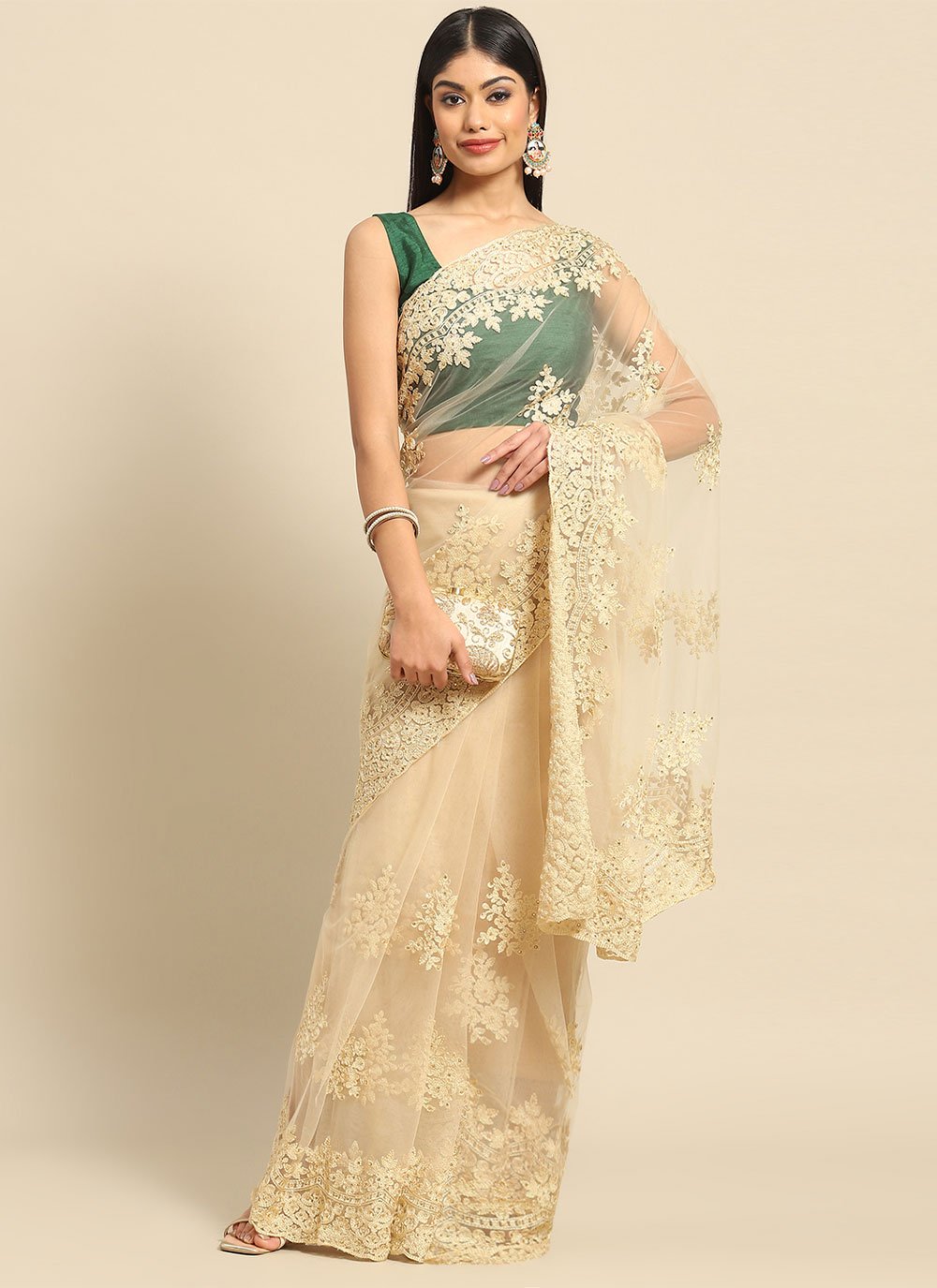 Contemporary Net Cream Embroidered Saree