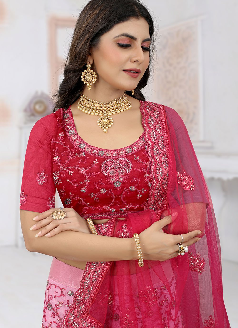 Lehenga Choli Net Rani Aari Work Lehenga Choli