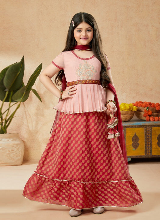 Lehenga Choli Net Peach Embroidered Kids