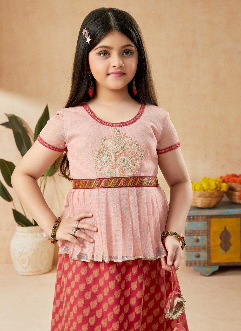 Lehenga Choli Net Peach Embroidered Kids