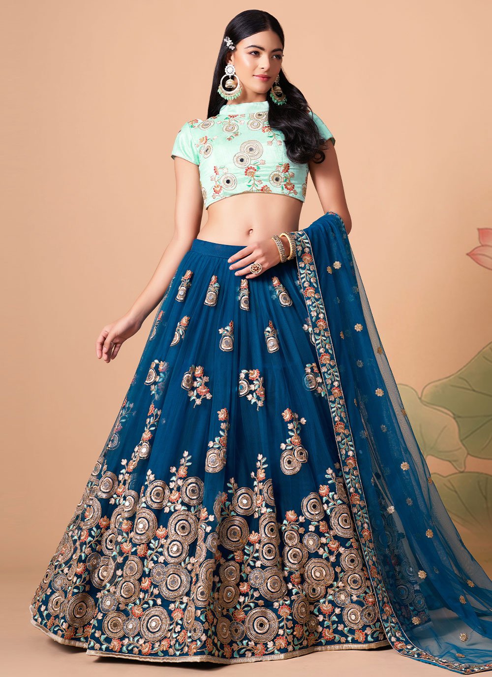 A Line Lehenga Net Blue Dori Work Lehenga Choli