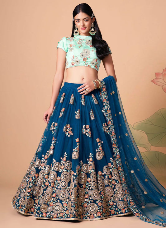 A Line Lehenga Net Blue Dori Work Lehenga Choli