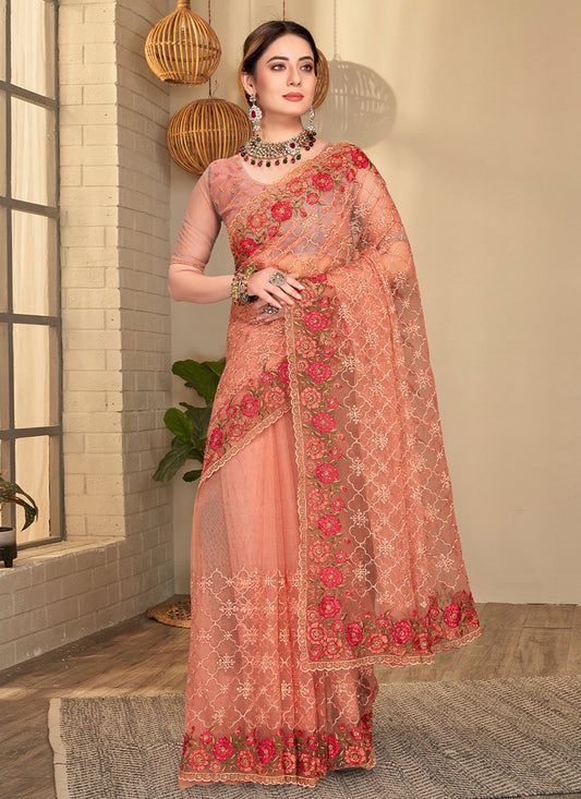 Designer Net Peach Embroidered Saree