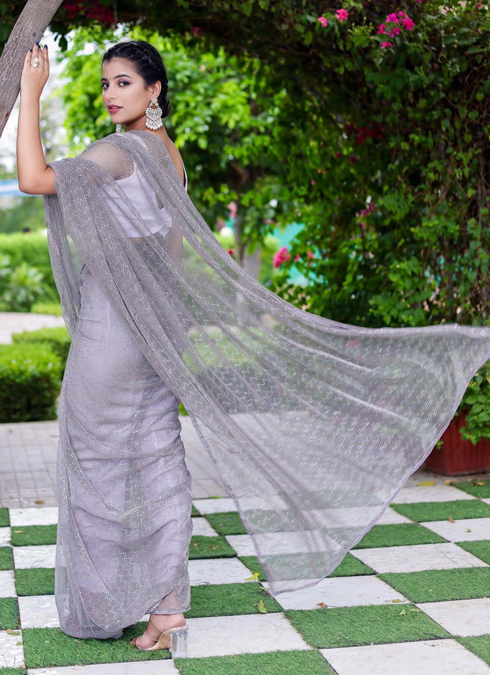 Designer Net Grey Fancy Work Saree