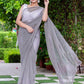 Designer Net Grey Fancy Work Saree