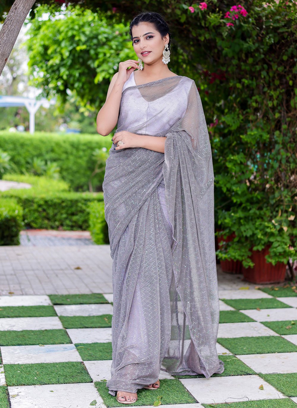 Designer Net Grey Fancy Work Saree