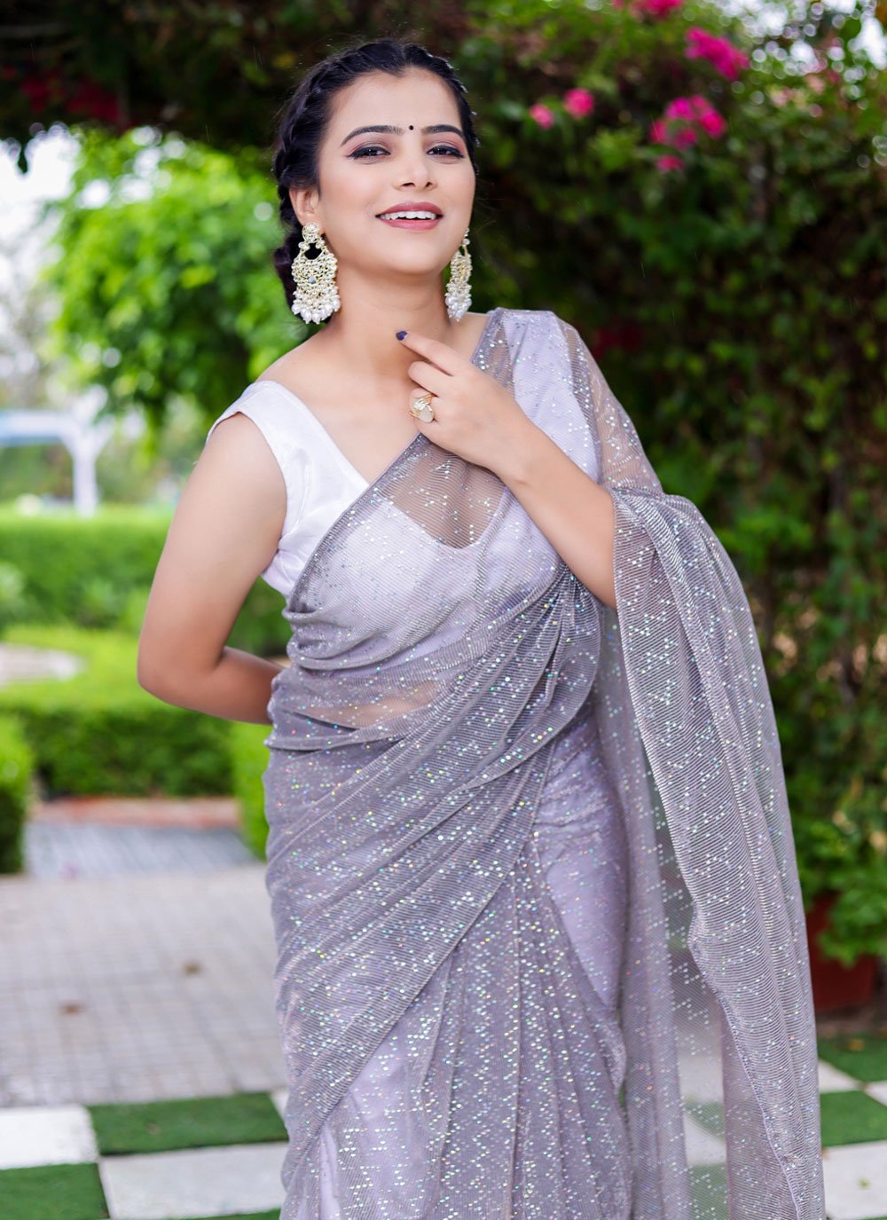 Designer Net Grey Fancy Work Saree