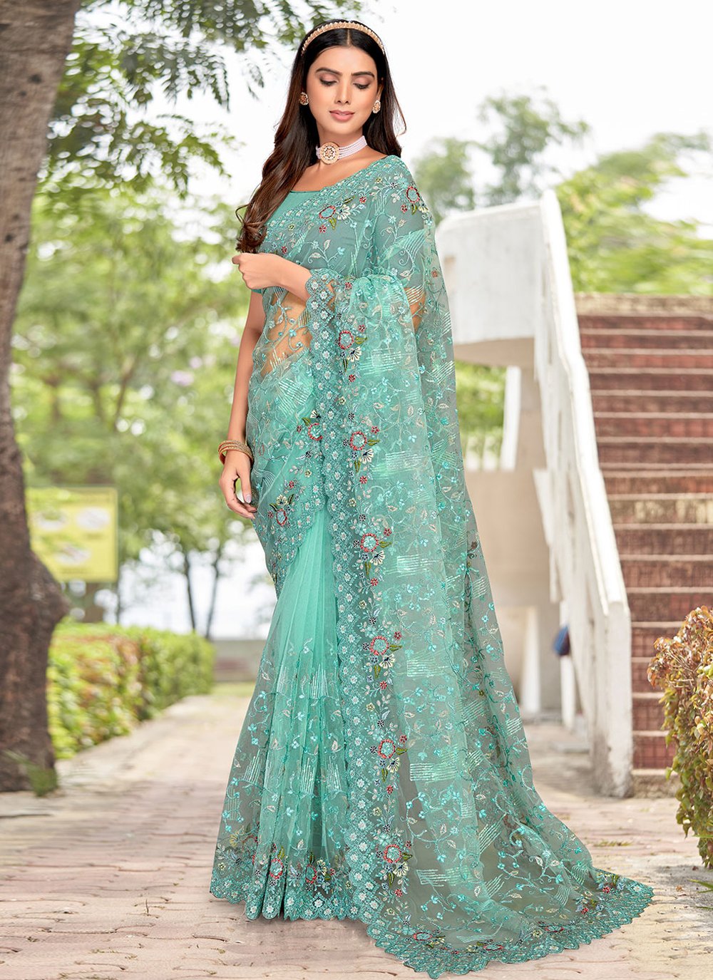 Designer Net Turquoise Embroidered Saree