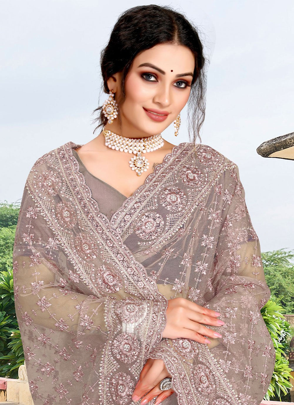 Contemporary Net Mauve Diamond Saree