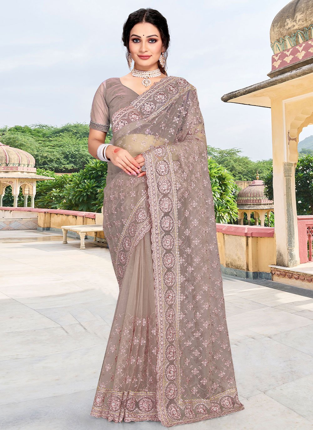 Contemporary Net Mauve Diamond Saree