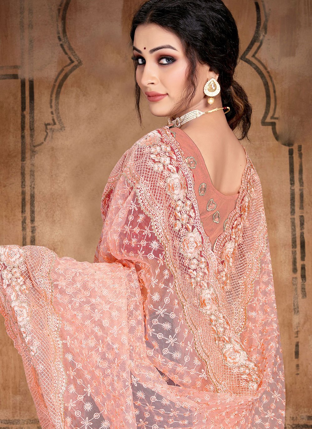 Contemporary Net Peach Diamond Saree