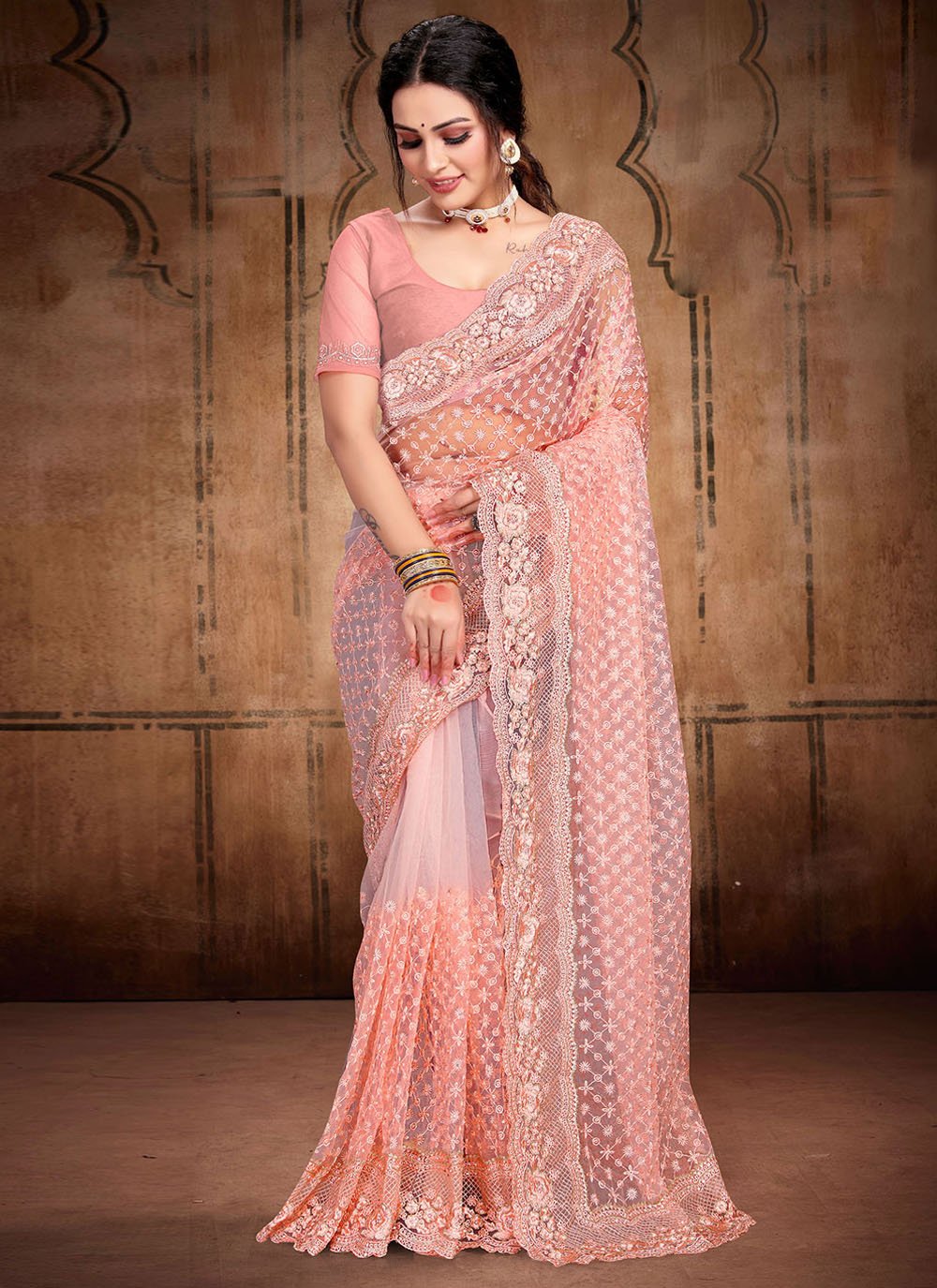 Contemporary Net Peach Diamond Saree