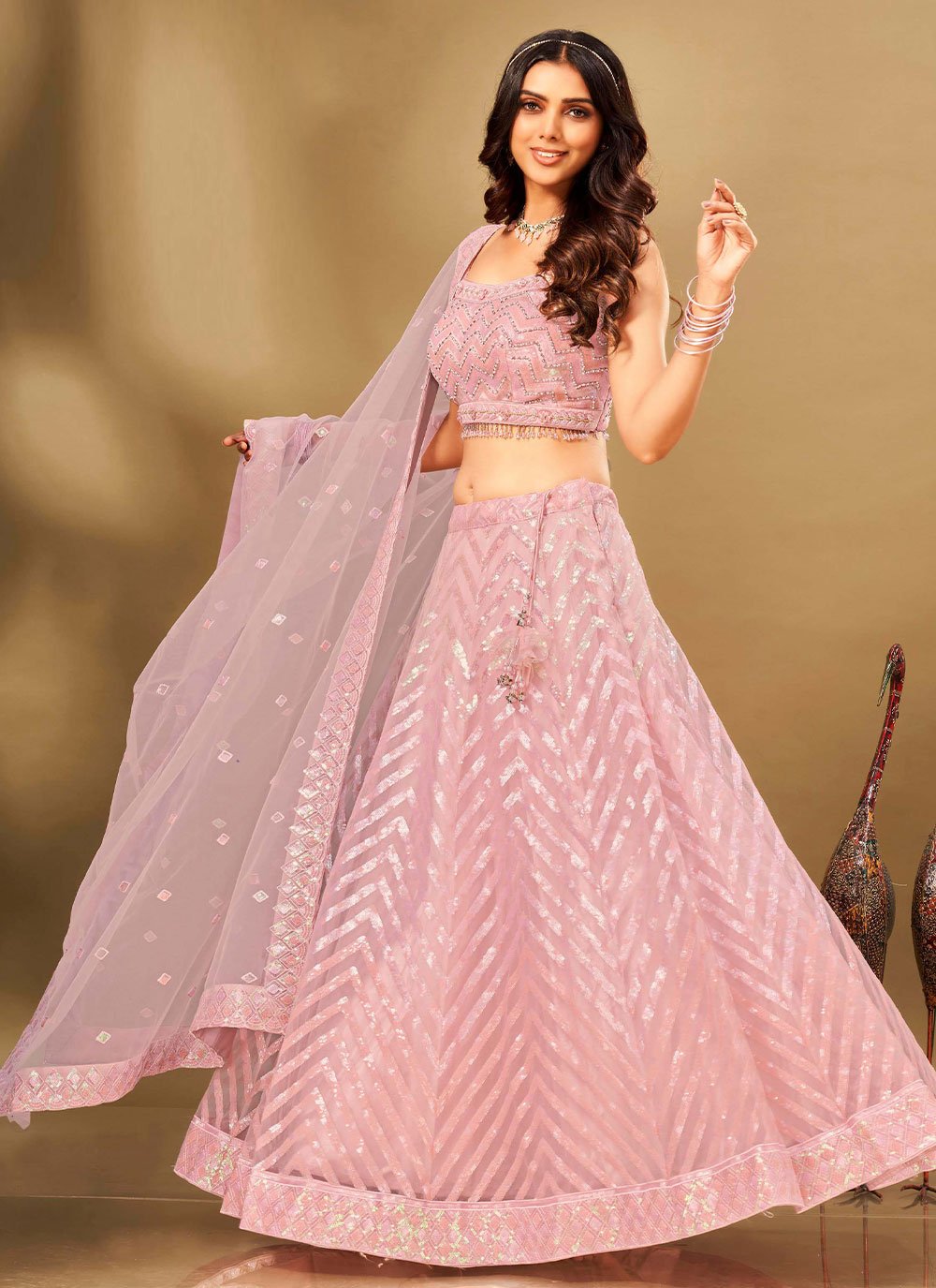 Lehenga Choli Net Pink Cut Dana Lehenga Choli