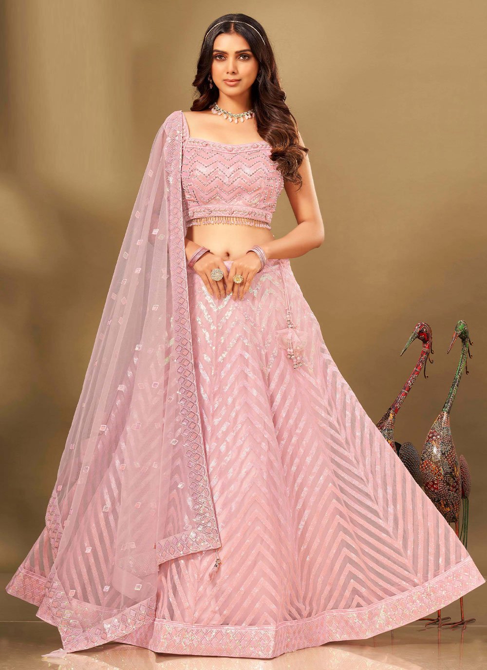 Lehenga Choli Net Pink Cut Dana Lehenga Choli