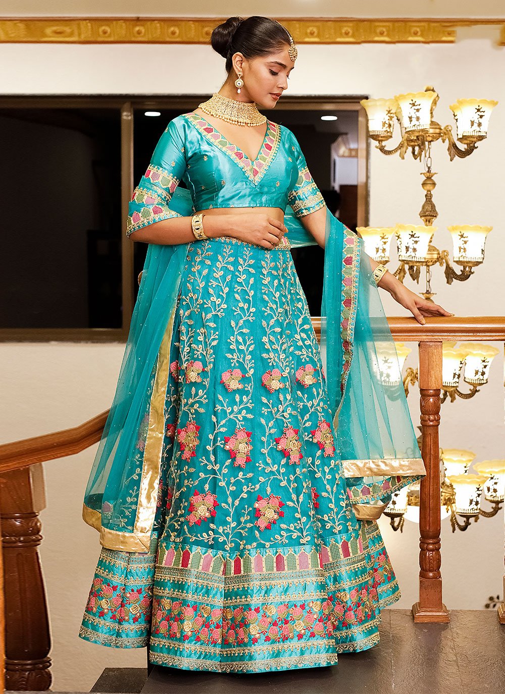 Lehenga Choli Net Turquoise Diamond Lehenga Choli