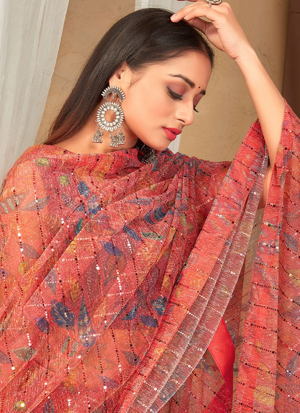 Trendy Saree Net Peach Digital Print Saree