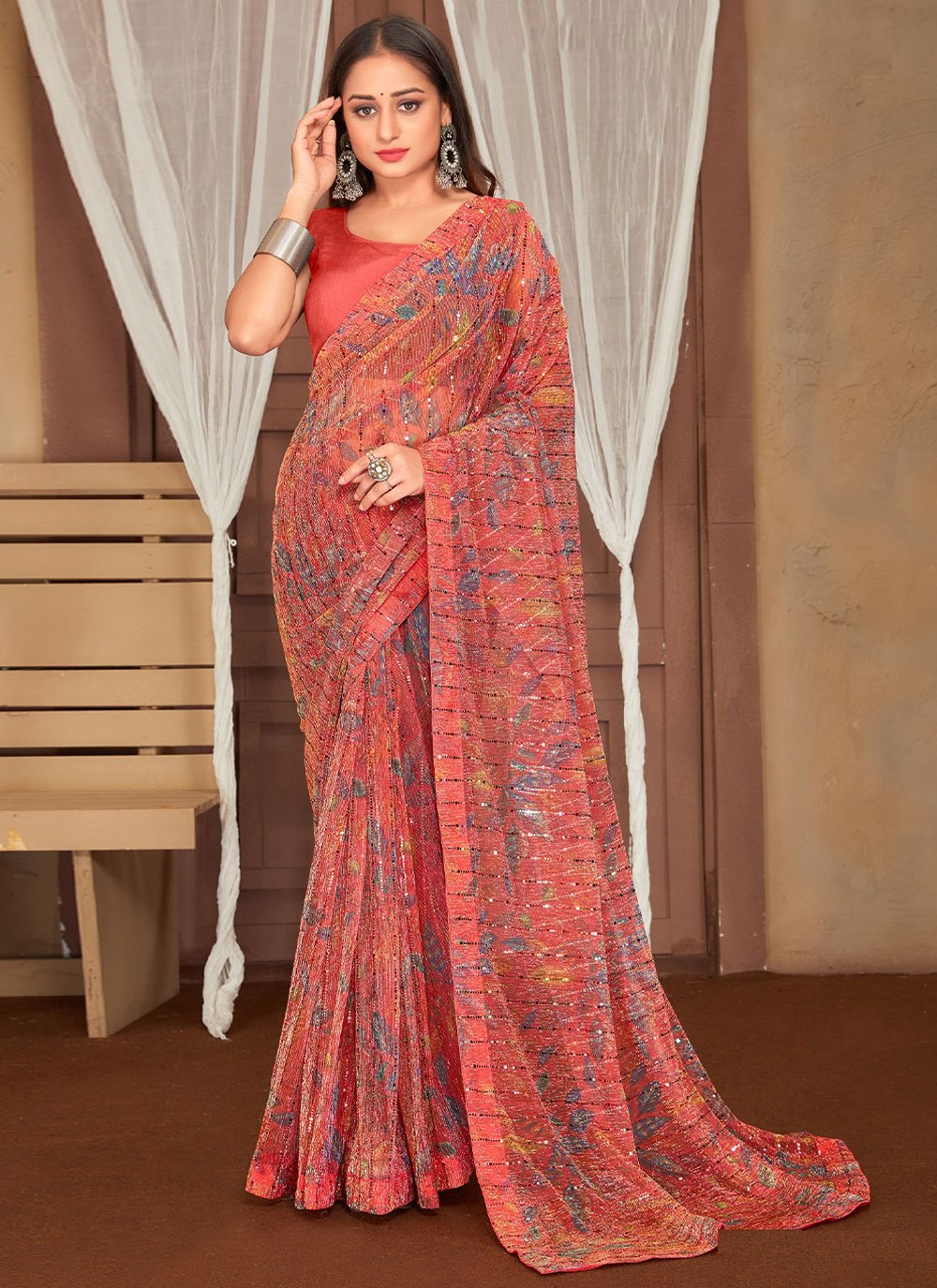 Trendy Saree Net Peach Digital Print Saree