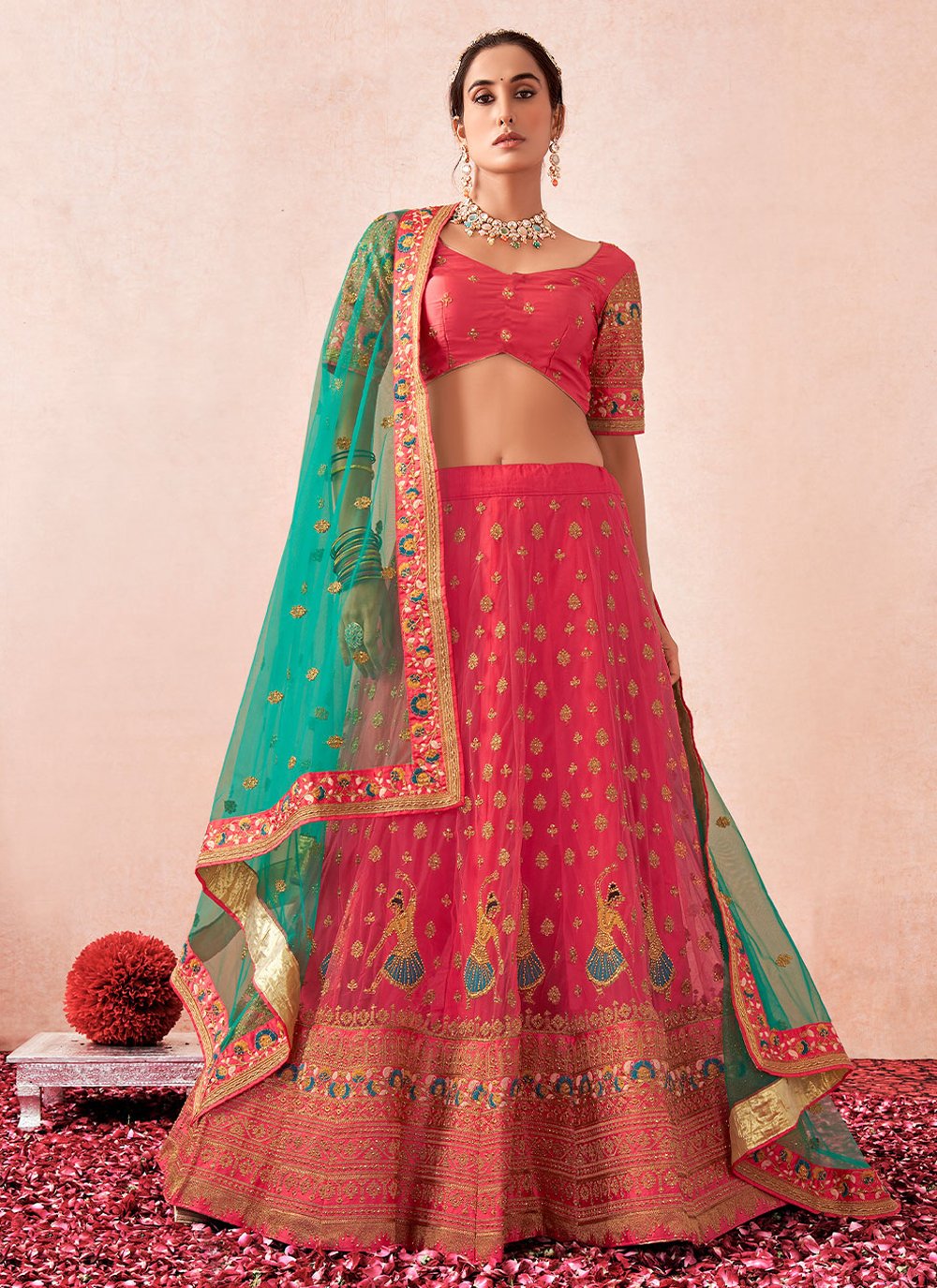 A Line Lehenga Net Pink Embroidered Lehenga Choli