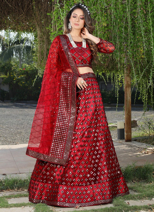 A Line Lehenga Net Red Embroidered Lehenga Choli