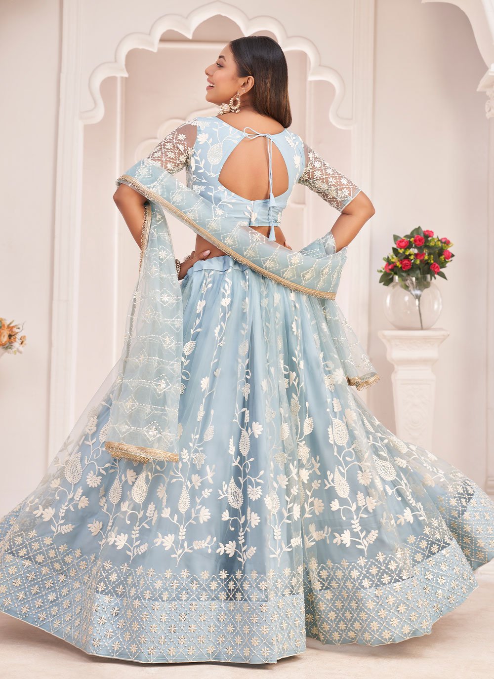 Lehenga Choli Net Aqua Blue Embroidered Lehenga Choli