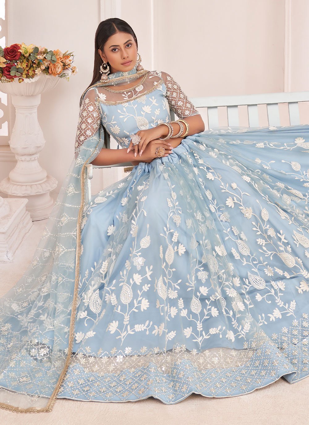 Lehenga Choli Net Aqua Blue Embroidered Lehenga Choli