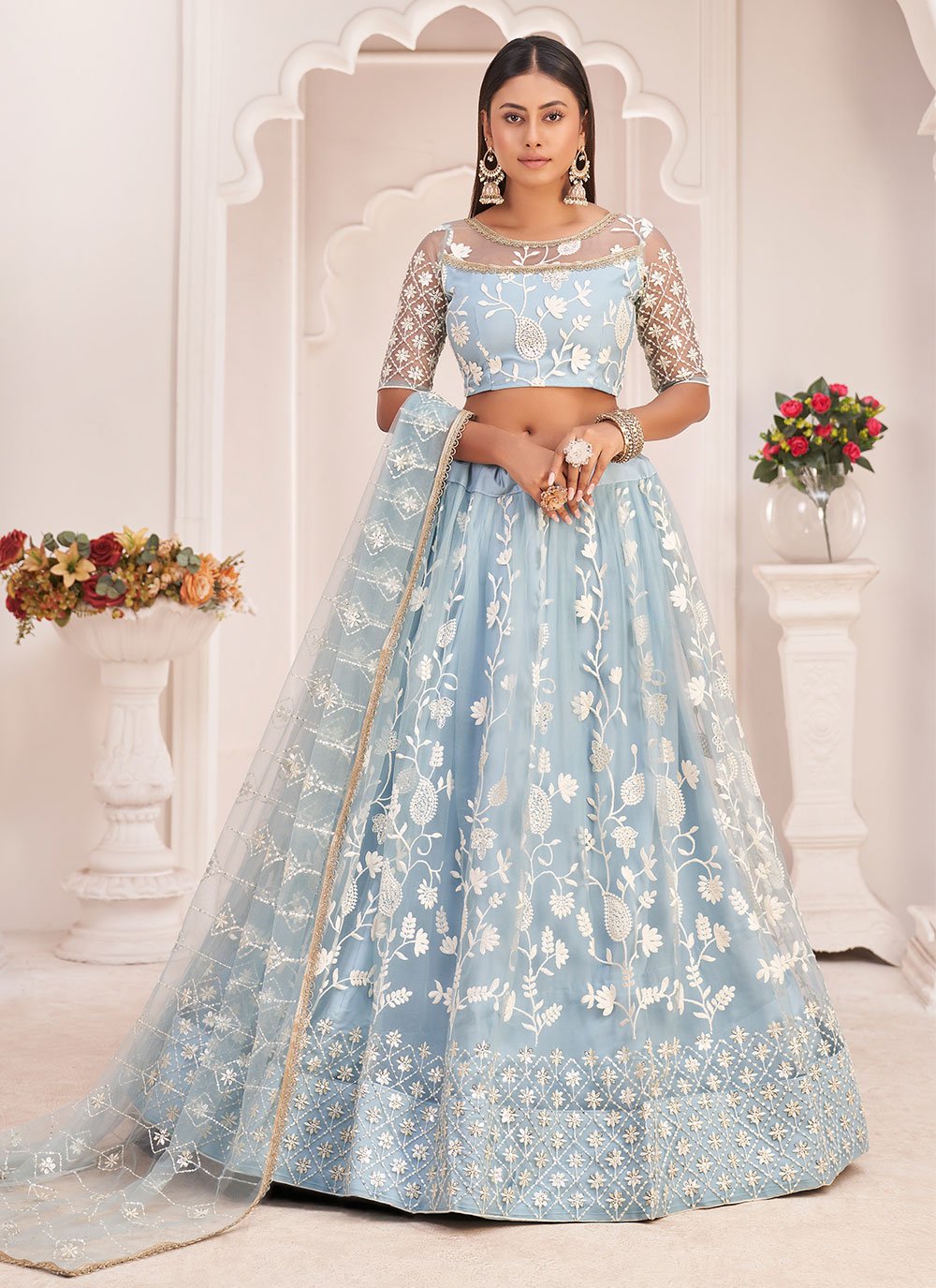 Lehenga Choli Net Aqua Blue Embroidered Lehenga Choli