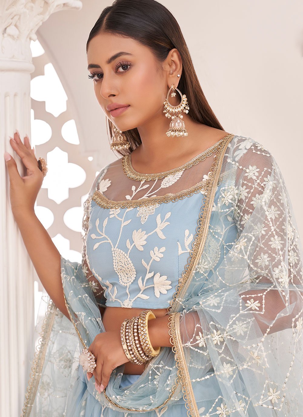 Lehenga Choli Net Aqua Blue Embroidered Lehenga Choli