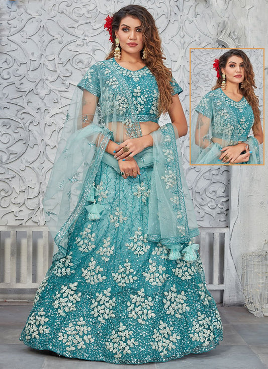 A Line Lehenga Net Aqua Blue Embroidered Lehenga Choli