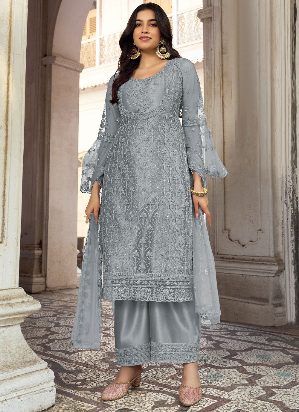 Pakistani Salwar Suit Net Blue Embroidered Salwar Kameez