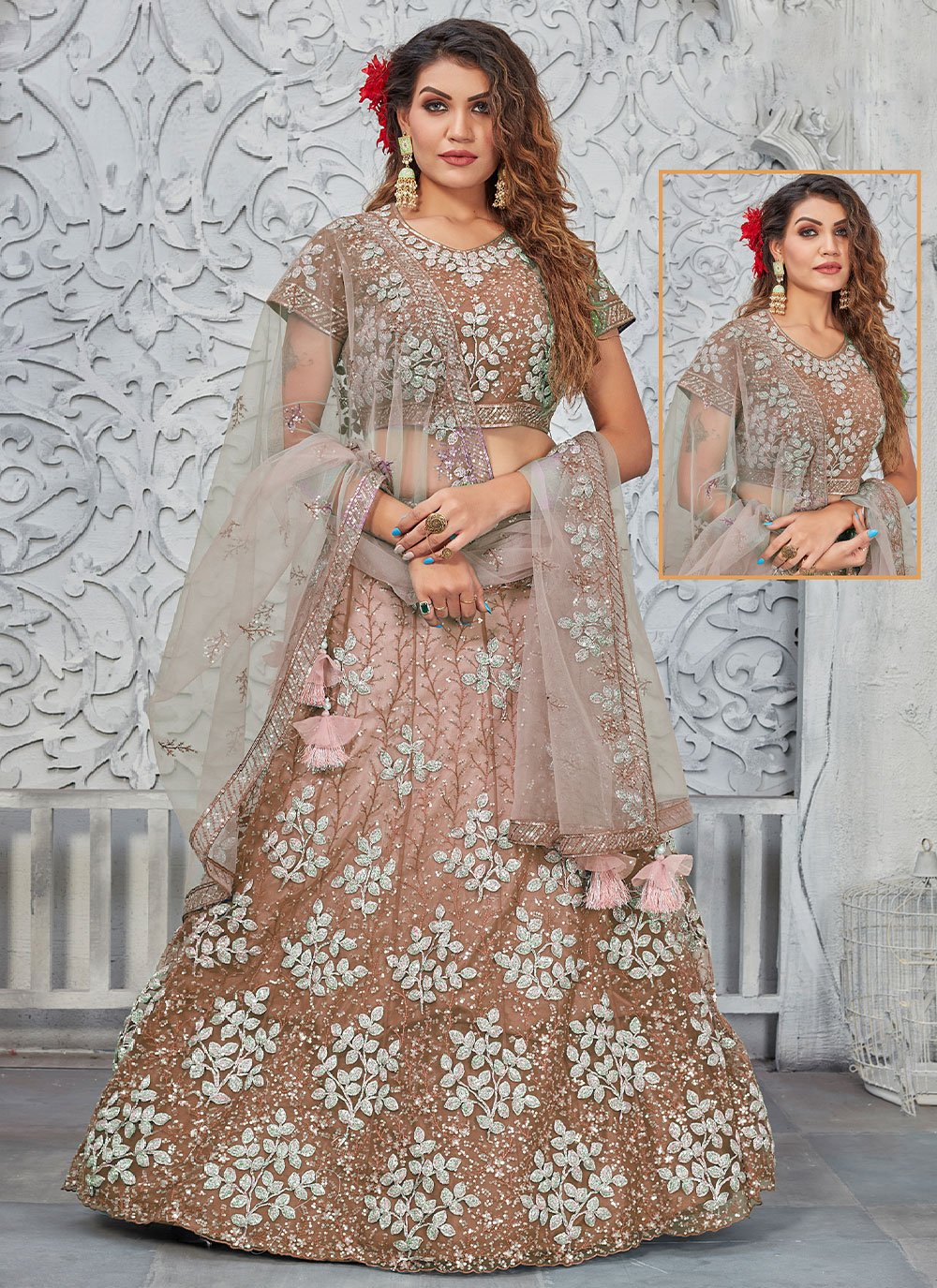 A Line Lehenga Net Brown Embroidered Lehenga Choli