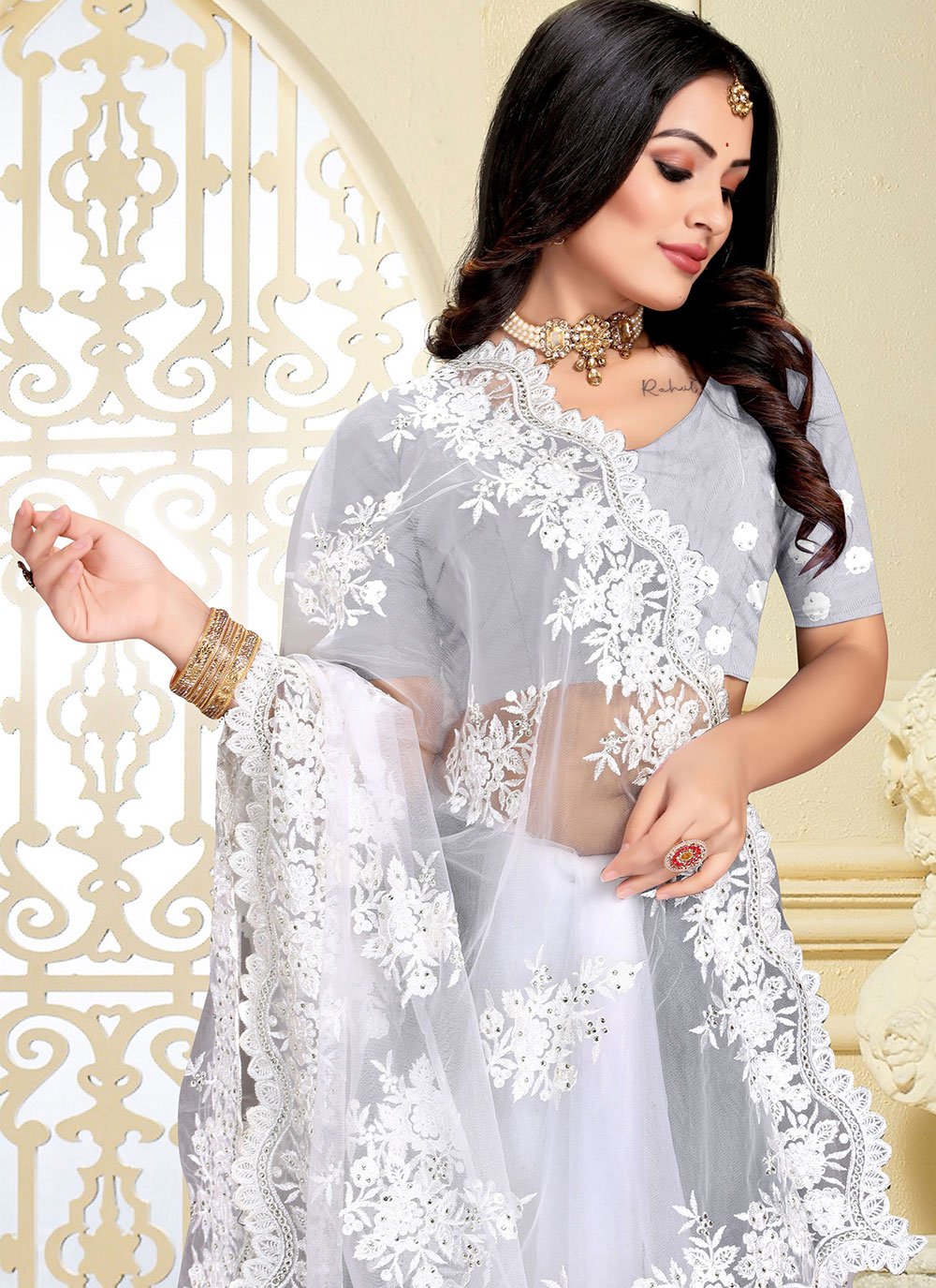 Classic Net White Embroidered Saree