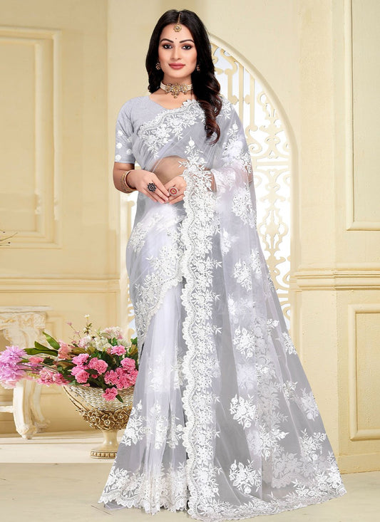 Classic Net White Embroidered Saree