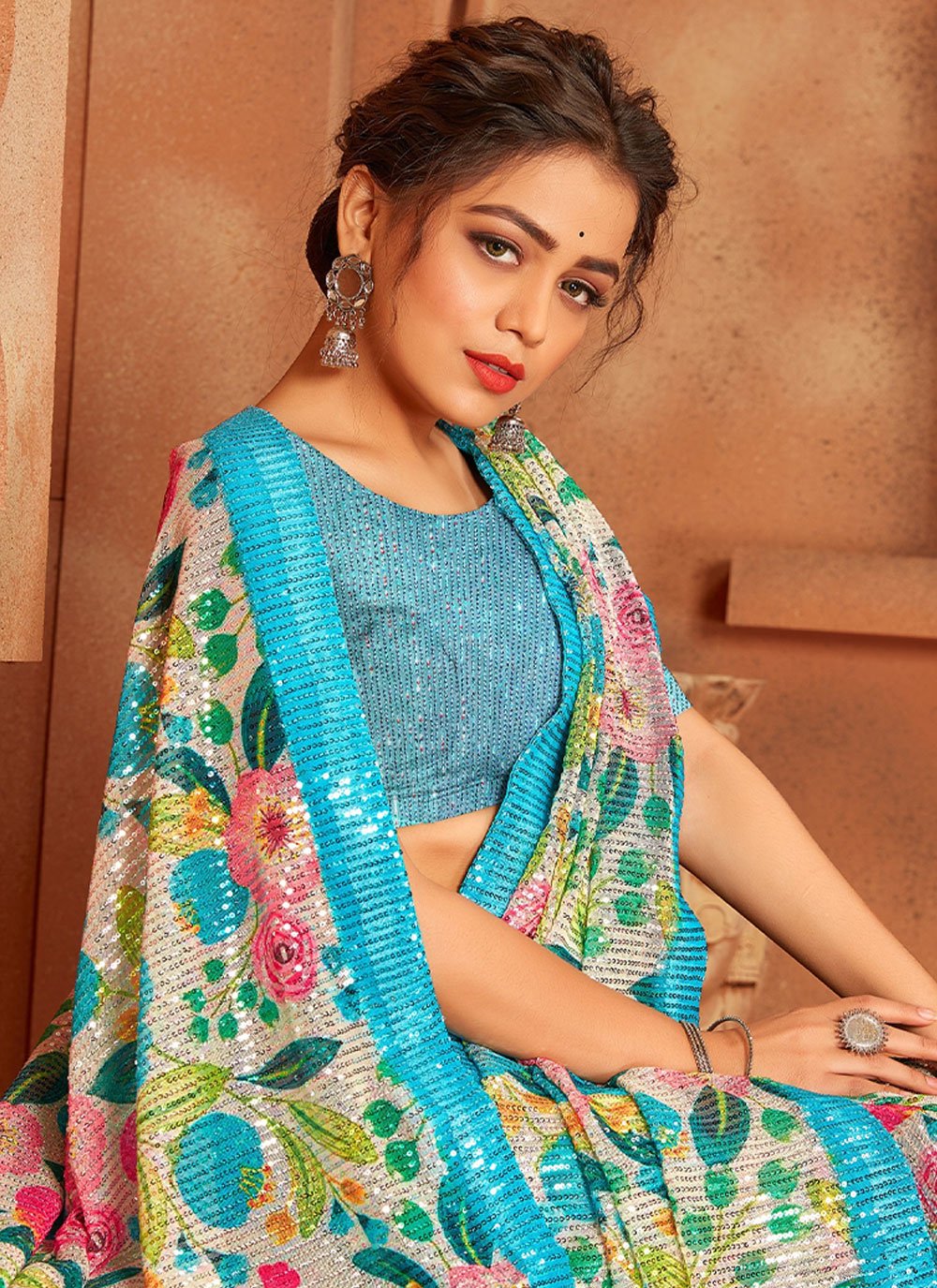 Classic Net Aqua Blue Digital Print Saree