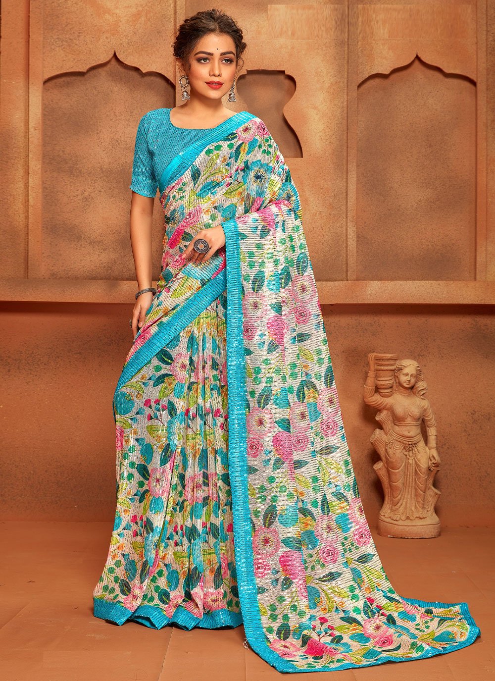 Classic Net Aqua Blue Digital Print Saree