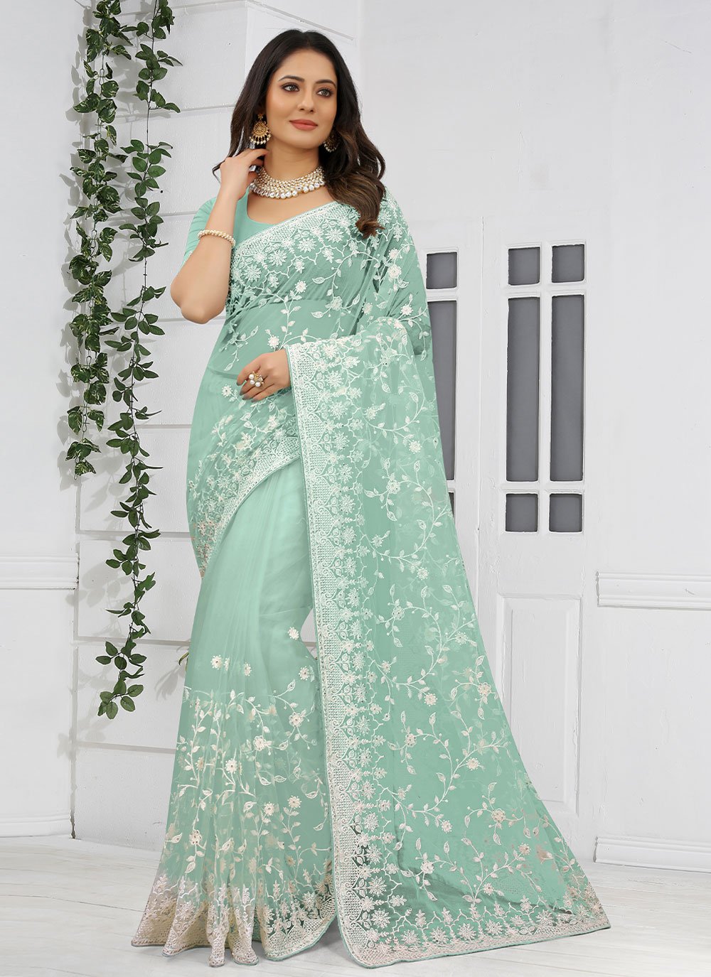 Classic Net Green Embroidered Saree