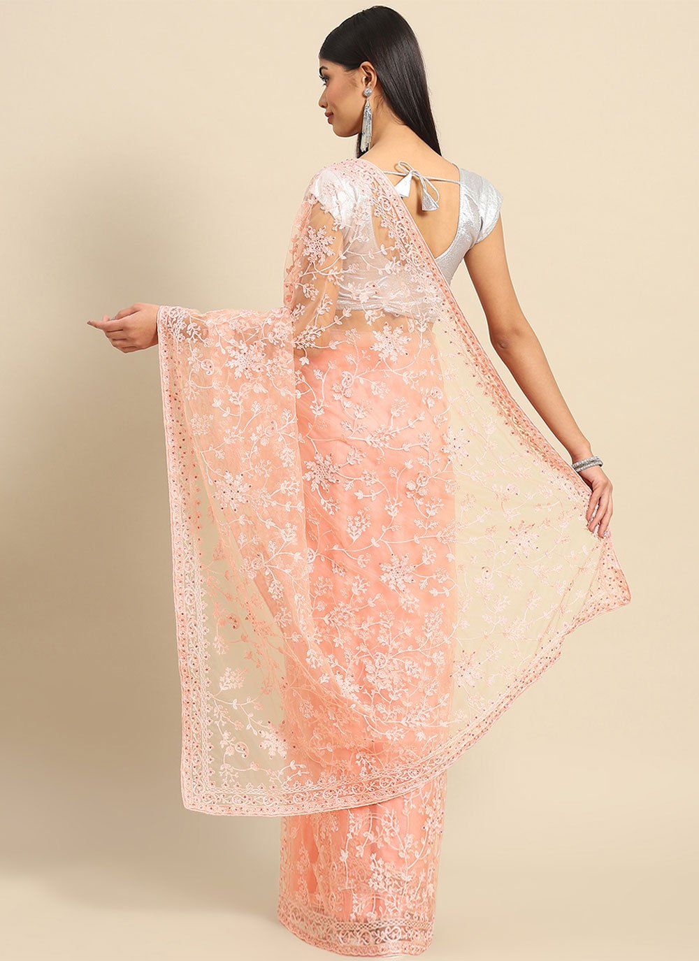 Classic Net Peach Embroidered Saree