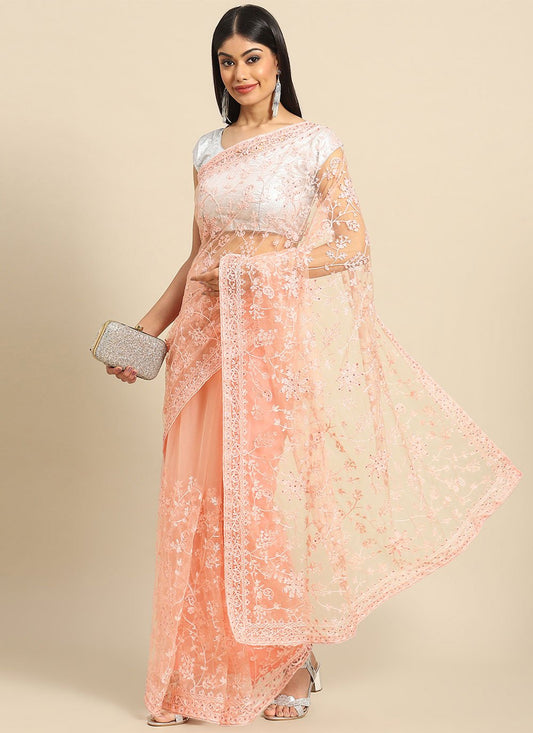 Classic Net Peach Embroidered Saree